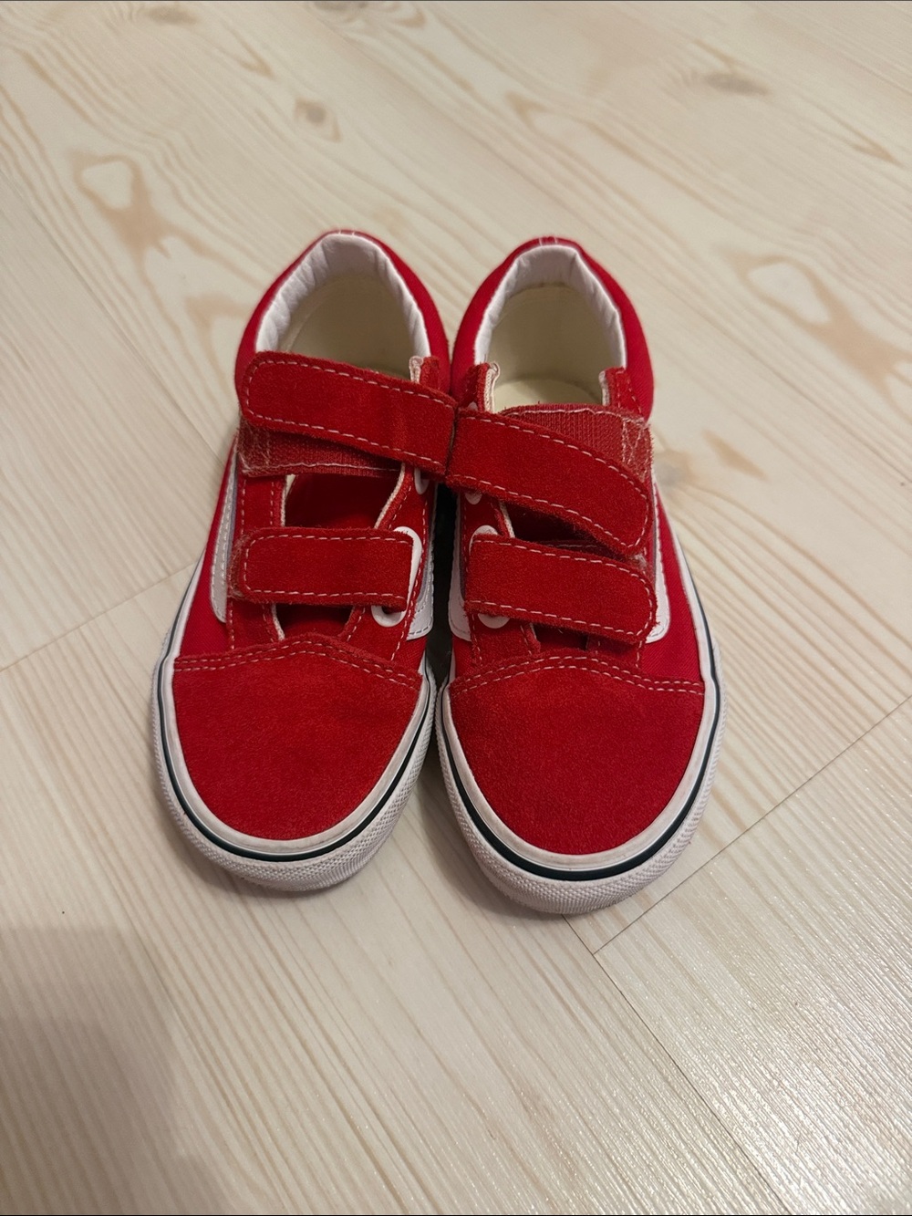 Vans Kids Red Canvas Velcro Sneakers with White Trim
